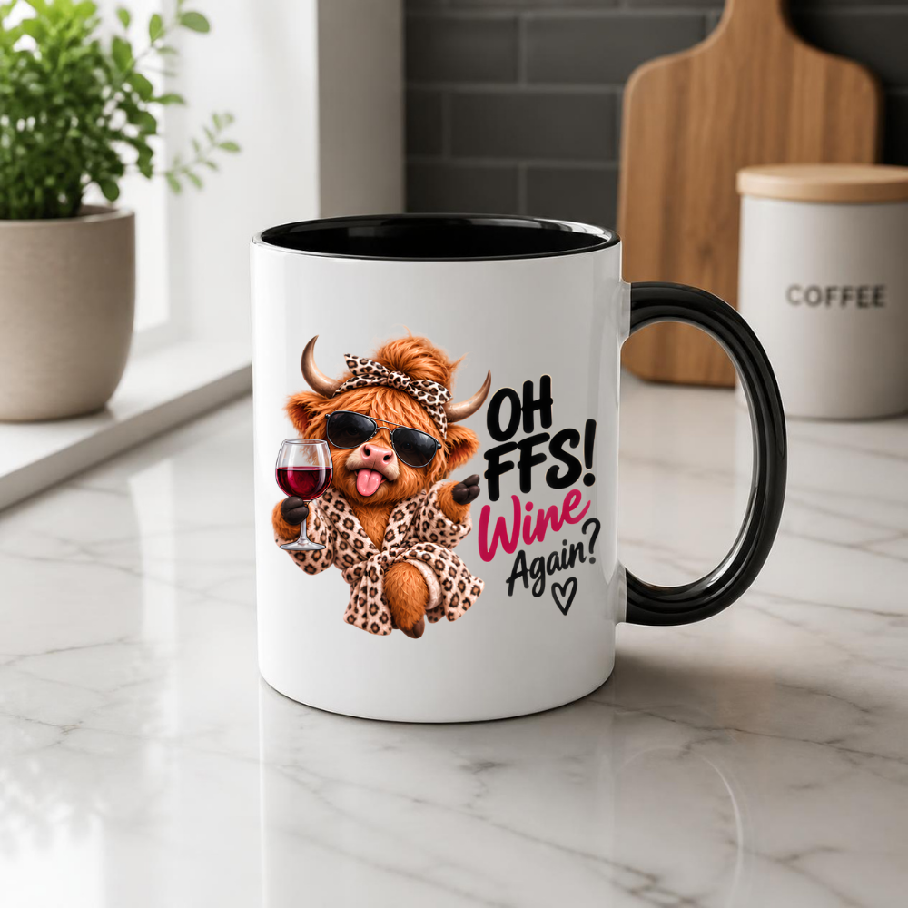 Highland Cow Wine Lover Mug "Oh FFS! Wine Again?" Oh FFS! Wine Again? 325ml Ceramic Coffee Mug – Cute Highland Cow in Leopard Bathrobe, Bow & Sunglasses holding Red Wine Glass | Funny Gift | Fast Dispatch by UK Seller (M3389)
