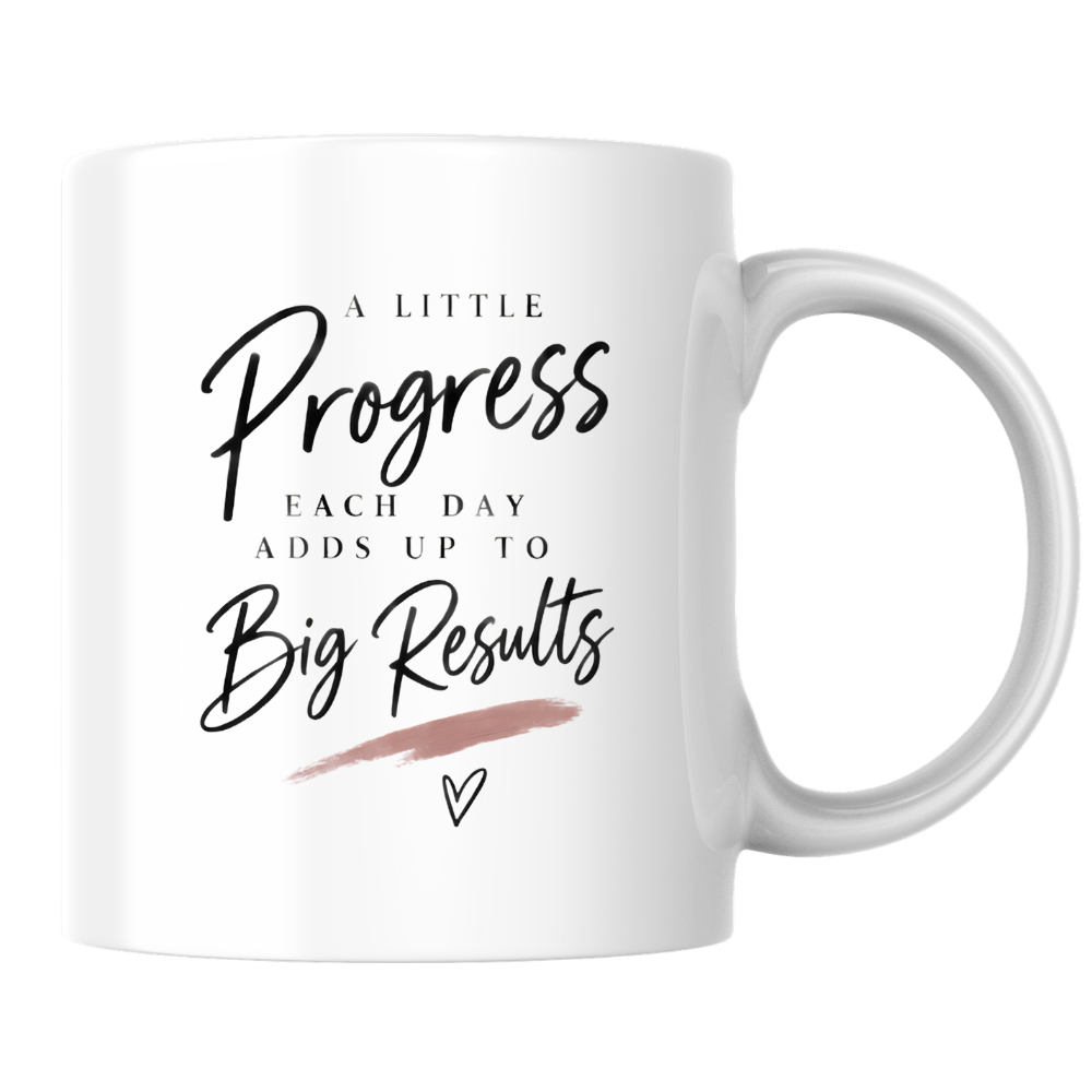 Inspirational Mug "A LITTLE Progress EACH DAY ADDS UP TO Big Results" Motivational Aesthetic 325ml Ceramic Coffee Mug Minimalist Desk Tea Cup with Brushstroke & Heart Graphic Gift | Available in Multicolours | Fast Dispatch by UK Seller (M3010)