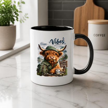 Cozy Mug "Vibes - Rainy Days, Good Views, Happy Moo" Hiking Highland Cow 325ml Ceramic Coffee Mug Whimsical Outdoor Tea Cup with Rain Hat and Mountain Scene Graphic Gift | Available in Multicolours | Fast Dispatch by UK Seller (M3156)