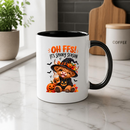 Spooky Season Mug "Oh FFS! It's Spooky Season" Highland Cow Oh Ffs! It's Spooky Season 325ml Ceramic Coffee Mug – Cute Highland Cow in Witch Hat with Pumpkin, Bats & Coffee | Halloween Gift | Fast Dispatch by UK Seller (M3363)