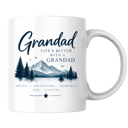 Family Mug "Grandad LIFE'S BETTER With A Grandad" Sentimental Grandpa 325ml Ceramic Coffee Mug – Heartwarming Grandad Tea Cup with Mountain Landscape Pine Trees Graphic Gift | Available in Multicolours | Fast Dispatch by UK Seller (M3022)