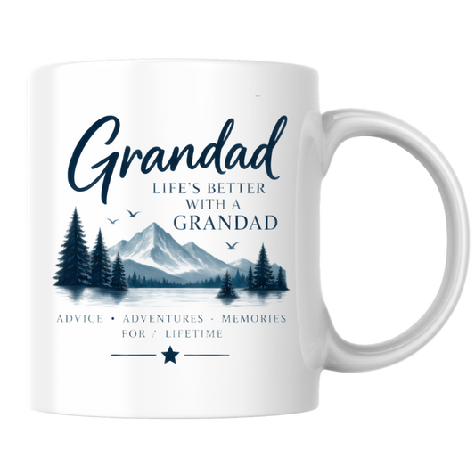 Family Mug "Grandad LIFE'S BETTER With A Grandad" Sentimental Grandpa 325ml Ceramic Coffee Mug – Heartwarming Grandad Tea Cup with Mountain Landscape Pine Trees Graphic Gift | Available in Multicolours | Fast Dispatch by UK Seller (M3022)
