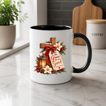 Christmas Mug "By His Grace We Are Saved Ephesians 2:8" By His Grace We Are Saved 325ml Ceramic Coffee Mug – Festive Christian Typography Mug With Wooden Cross Bow Lantern Holiday Gift | Available in Multicolours | Fast Dispatch by UK Seller (M3321)