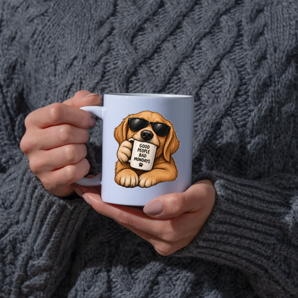 Funny Dog Mug "GOOD PEOPLE BAD MONDAYS" Cool Golden Retriever 325ml Ceramic Coffee Mug Sarcastic Puppy Tea Cup with Sunglasses & Mini Mug Graphic Gift | Available in Multicolours | Fast Dispatch by UK Seller (M3004)