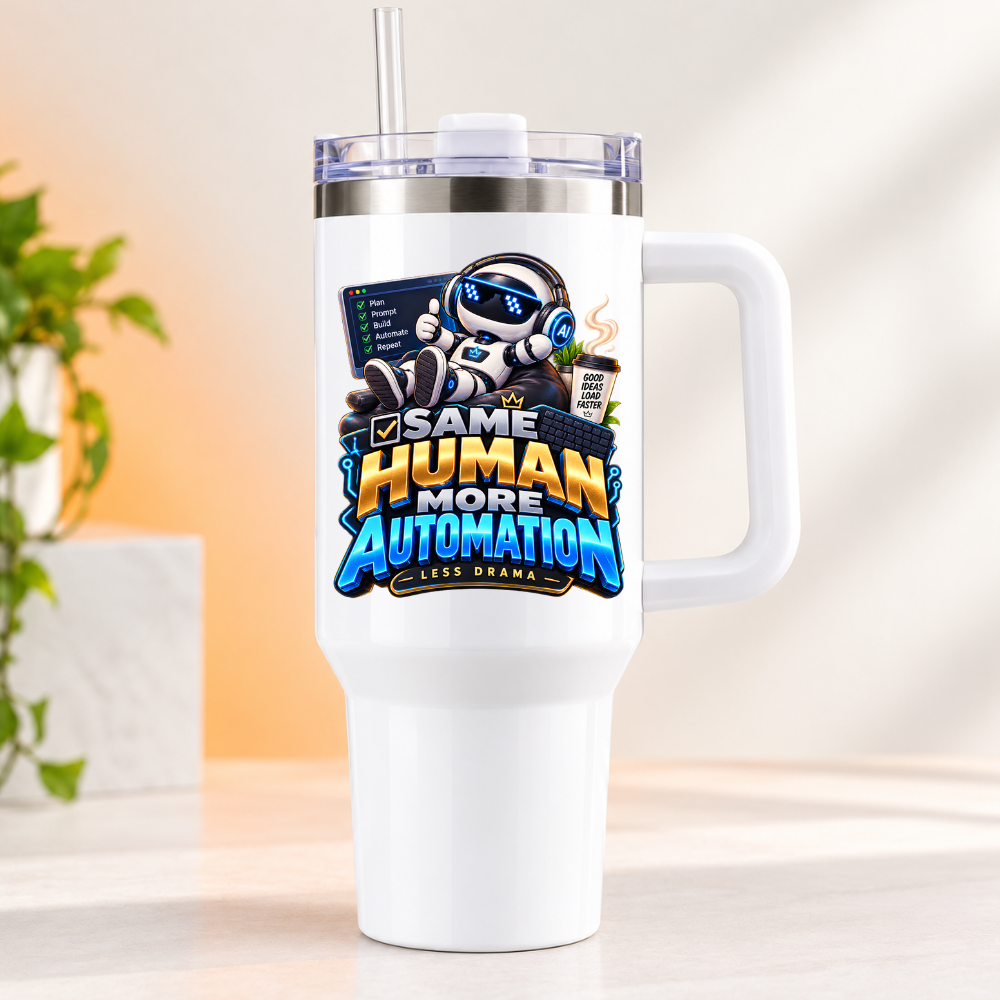 Sarcastic Tech Travel Tumbler "SAME HUMAN MORE AUTOMATION LESS DRAMA" Graphic 40oz Stainless Steel Insulated Travel Mug with Handle & Straw – Robot with Checklist, Coffee & Keyboard Novelty Gift for Coders & Office | Fast Dispatch by UK Seller (T3052)