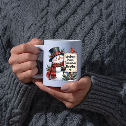 Heartwarming Mug "Kindness Makes Christmas Brighter" Snowman 325ml Ceramic Coffee Mug – Cute Winter Holiday Tea Cup with Top Hat, Cardinal Wooden Sign Gift | Available in Multicolours | Fast Dispatch by UK Seller (M1249)