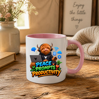 Tech Mug "Peace Prompts Productivity Highland Cow" 325ml Ceramic Coffee Mug – Cute Highland Cow in Hoodie with Laptop Headphones AI Tech Icons Gift For Developers Prompt Engineers | Available in Multicolours | Fast Dispatch by UK Seller (M3232)