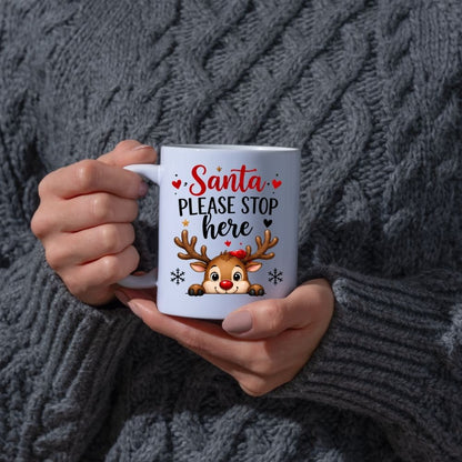 Festive Mug "Santa Please Stop Here" Reindeer Peeking 325ml Ceramic Coffee Mug Cute Winter Holiday Tea Cup with Red Nose, Snowflakes & Hearts Gift | Available in Multicolours | Fast Dispatch by UK Seller (M1274)