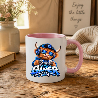 Gaming Mug "Gamer" Highland Cow Gamer 325ml Ceramic Coffee Mug – Cute Highland Cow Gamer in Blue Hoodie & Headset with Controller Art | Video Game Gift | Fast Dispatch by UK Seller (M3347)
