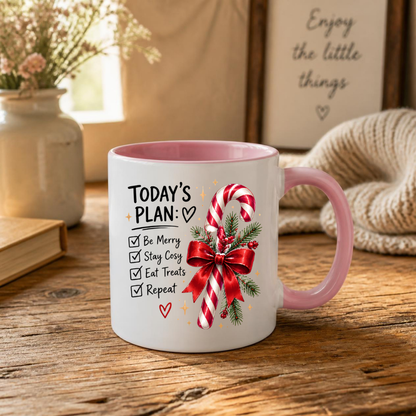 Christmas Candy Cane Checklist Mug "Today's Plan Be Merry Stay Cosy" Today's Plan Be Merry Stay Cosy 325ml Ceramic Coffee Mug – Festive Candy Cane with Red Ribbon & Check-list Artwork | Holiday Gift | Fast Dispatch by UK Seller (M3399)