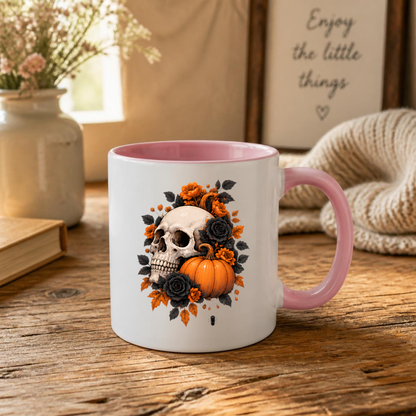 Halloween Mug "Floral Skull & Orange Pumpkin" Floral Skull and Orange Pumpkin 325ml Ceramic Coffee Mug – Gothic Halloween Autumn Tea Cup With Detailed Human Skull Roses Spider Graphic Gift | Available in Multicolours | Fast Dispatch by UK Seller (M3226)