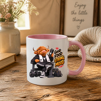Gym Mug "Good Food Strong Mood Highland Cow" Good Food Strong Mood 325ml Ceramic Coffee Mug – Muscular Highland Cow on Bench with Shaker & Barbells Gym Fitness Gift | Available in Multicolours | Fast Dispatch by UK Seller (M3275)