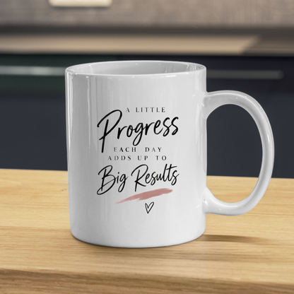 Inspirational Mug "A LITTLE Progress EACH DAY ADDS UP TO Big Results" Motivational Aesthetic 325ml Ceramic Coffee Mug Minimalist Desk Tea Cup with Brushstroke & Heart Graphic Gift | Available in Multicolours | Fast Dispatch by UK Seller (M3010)