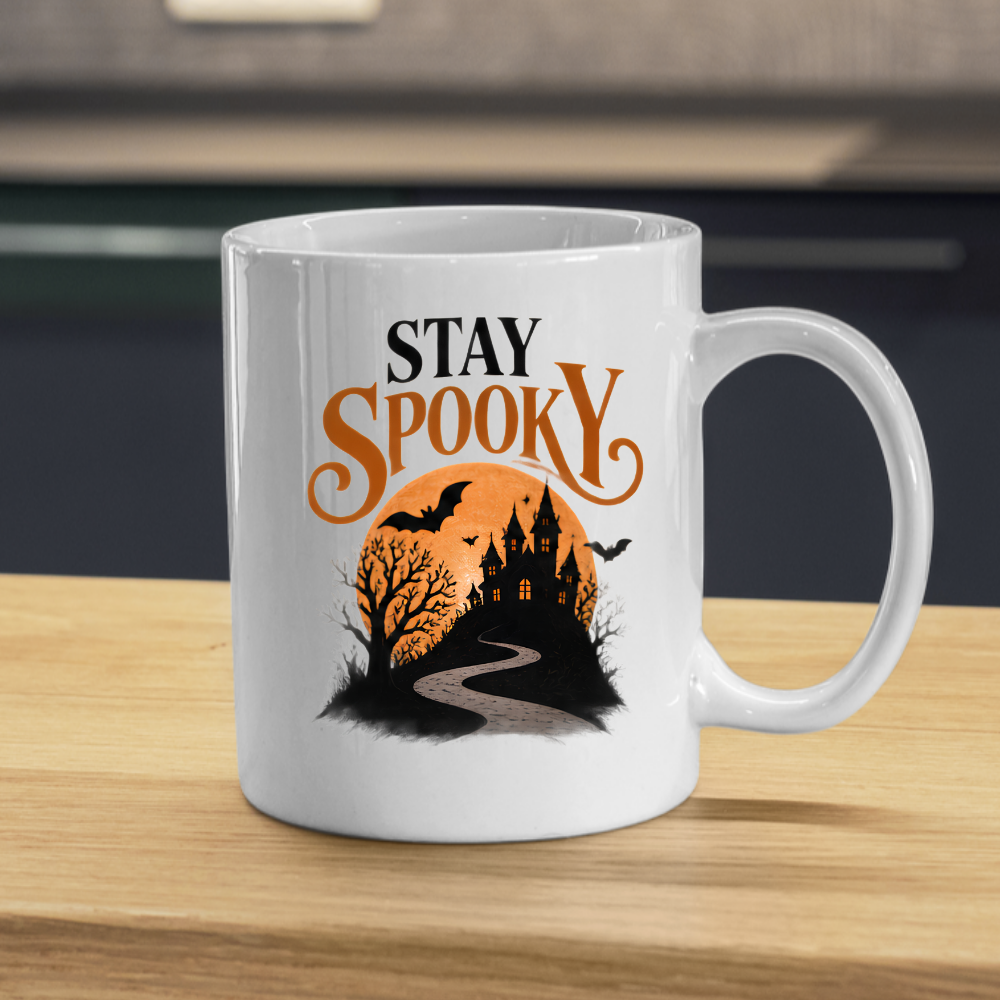 Halloween Mug "STAY SPOOKY" Haunted Castle 325ml Ceramic Coffee Mug Atmospheric Autumn Tea Cup with Full Moon, Winding Path & Bats Graphic Gift | Available in Multicolours | Fast Dispatch by UK Seller (M3080)