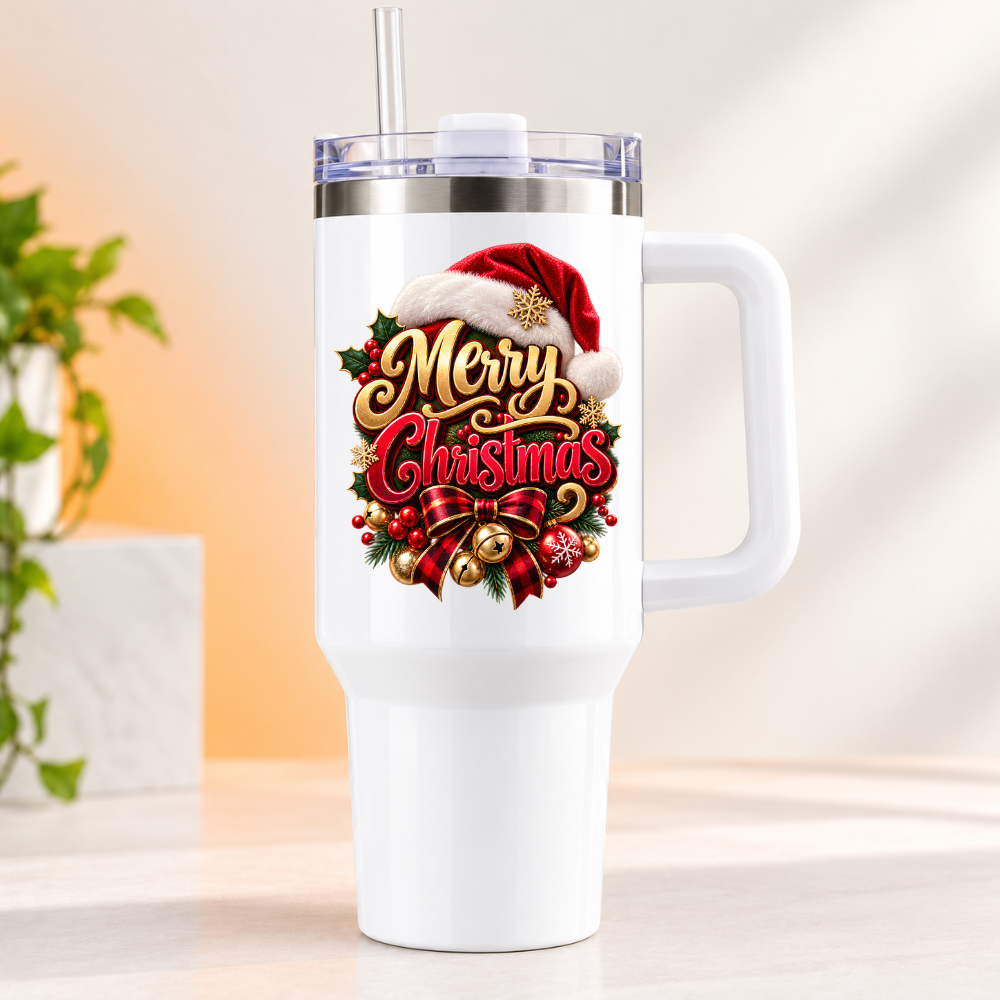 Festive Christmas Travel Tumbler "Merry Christmas" Graphic 40oz Stainless Steel Insulated Travel Mug with Handle & Straw – Santa Hat, Wreath, Red Bow & Jingle Bells Holiday Gift | Fast Dispatch by UK Seller (T3068)
