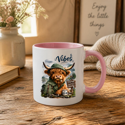 Cozy Mug "Vibes - Rainy Days, Good Views, Happy Moo" Hiking Highland Cow 325ml Ceramic Coffee Mug Whimsical Outdoor Tea Cup with Rain Hat and Mountain Scene Graphic Gift | Available in Multicolours | Fast Dispatch by UK Seller (M3156)