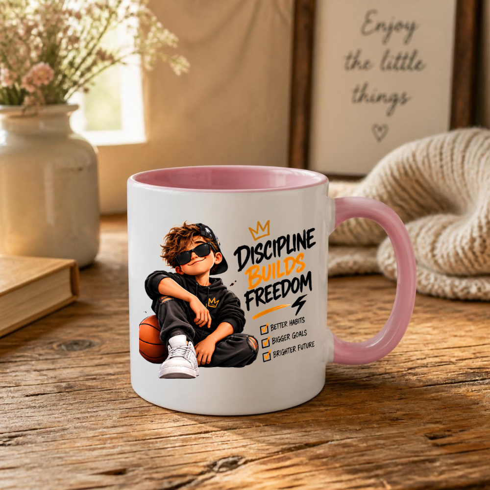 Motivational Mug "Discipline Builds Freedom" 325ml Ceramic Coffee Tea Cup – Cool Boy Graphic, Basketball, Habits & Goals Slogan Novelty Gift for Teens, Men, Birthday – Fast Dispatch by UK Seller (M3501)