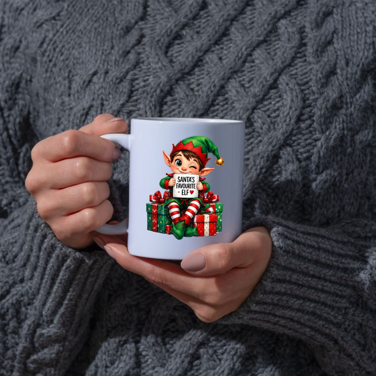 Festive Mug "Santa's Favourite Elf" Christmas Holiday Character 325ml Ceramic Coffee Mug – Cute Holiday Tea Cup with Elf Hat & Gift Box Sign | Available in Multicolours | Fast Dispatch by UK Seller (M1242)