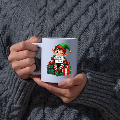 Festive Mug "Santa's Favourite Elf" Christmas Holiday Character 325ml Ceramic Coffee Mug – Cute Holiday Tea Cup with Elf Hat & Gift Box Sign | Available in Multicolours | Fast Dispatch by UK Seller (M1242)