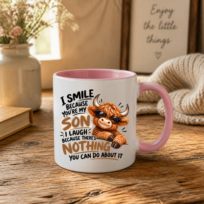 Cool Highland Cow Mug "I Smile Because You're My Son" I Laugh Because There's Nothing You Can Do About It 325ml Ceramic Coffee Mug – Cool Highland Cow in Sunglasses | Funny Father's Day & Birthday Gift for Son | Fast Dispatch by UK Seller (M3459)