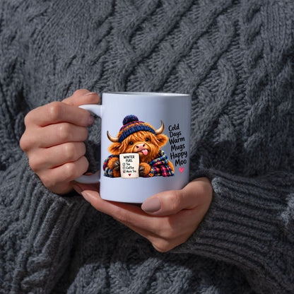 Cozy Mug "Cold Days Warm Mugs Happy Moo" Highland Cow 325ml Ceramic Coffee Mug – Winter Fuel Tea Cup with Knitted Beanie, Scarf & Hearts Gift | Available in Multicolours | Fast Dispatch by UK Seller (M1280)