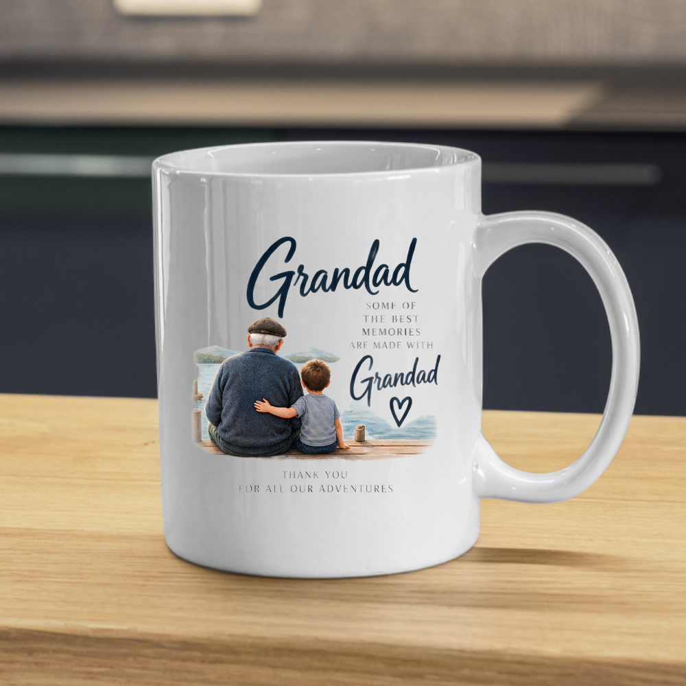 Family Mug "Grandad SOME OF THE BEST MEMORIES ARE MADE WITH" Sentimental Grandpa 325ml Ceramic Coffee Mug – Heartwarming Grandad Tea Cup with Grandfather & Grandchild Lake Scene Graphic Gift | Available in Multicolours | Fast Dispatch by UK Seller (M3016)