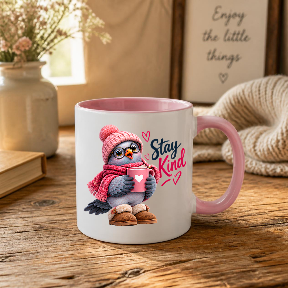 Inspirational Mug "Stay Kind Cozy Bird" Stay Kind 325ml Ceramic Coffee Mug – Cute Cozy Pink Bird in Beanie, Glasses, Scarf & Boots with Hot Cocoa Heartwarming Gift For Friends Family | Available in Multicolours | Fast Dispatch by UK Seller (M3244)