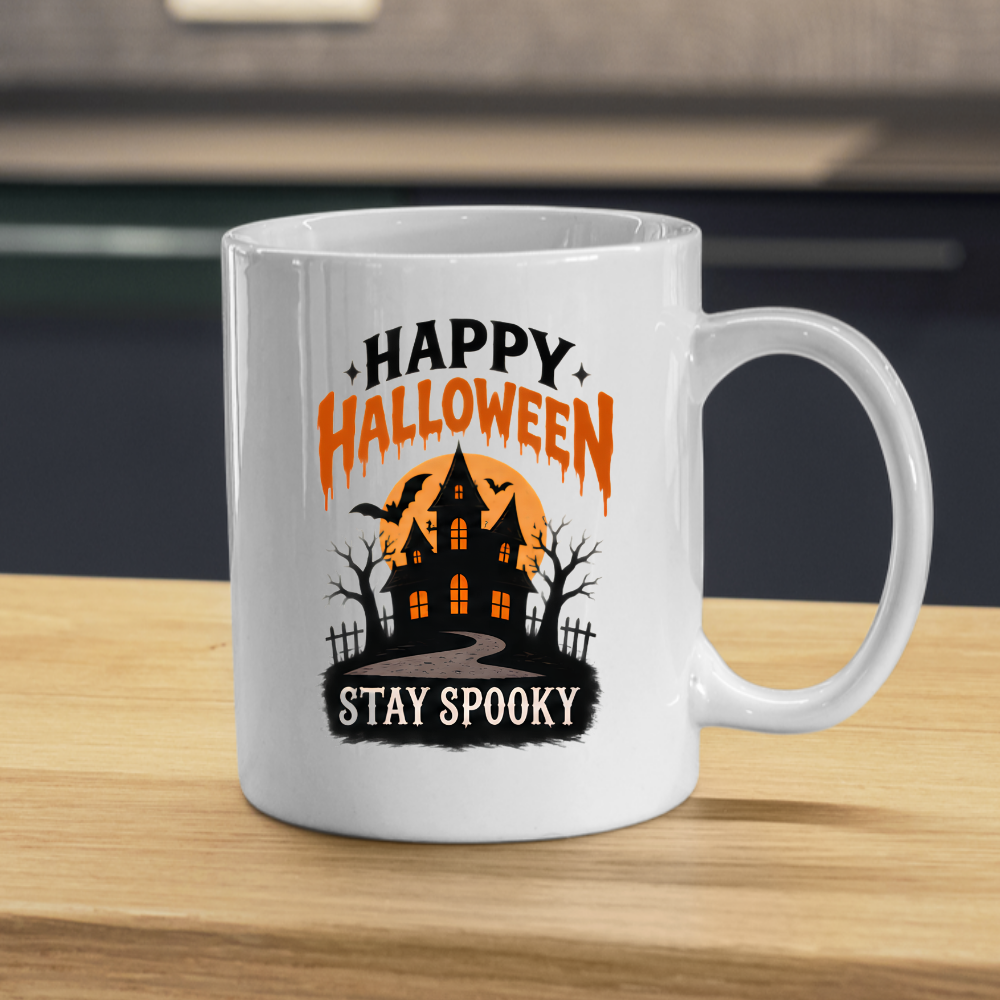 Halloween Mug "HAPPY HALLOWEEN Stay Spooky" Haunted House 325ml Ceramic Coffee Mug – Atmospheric Autumn Tea Cup with Full Moon & Bats Graphic Gift | Available in Multicolours | Fast Dispatch by UK Seller (M3072)