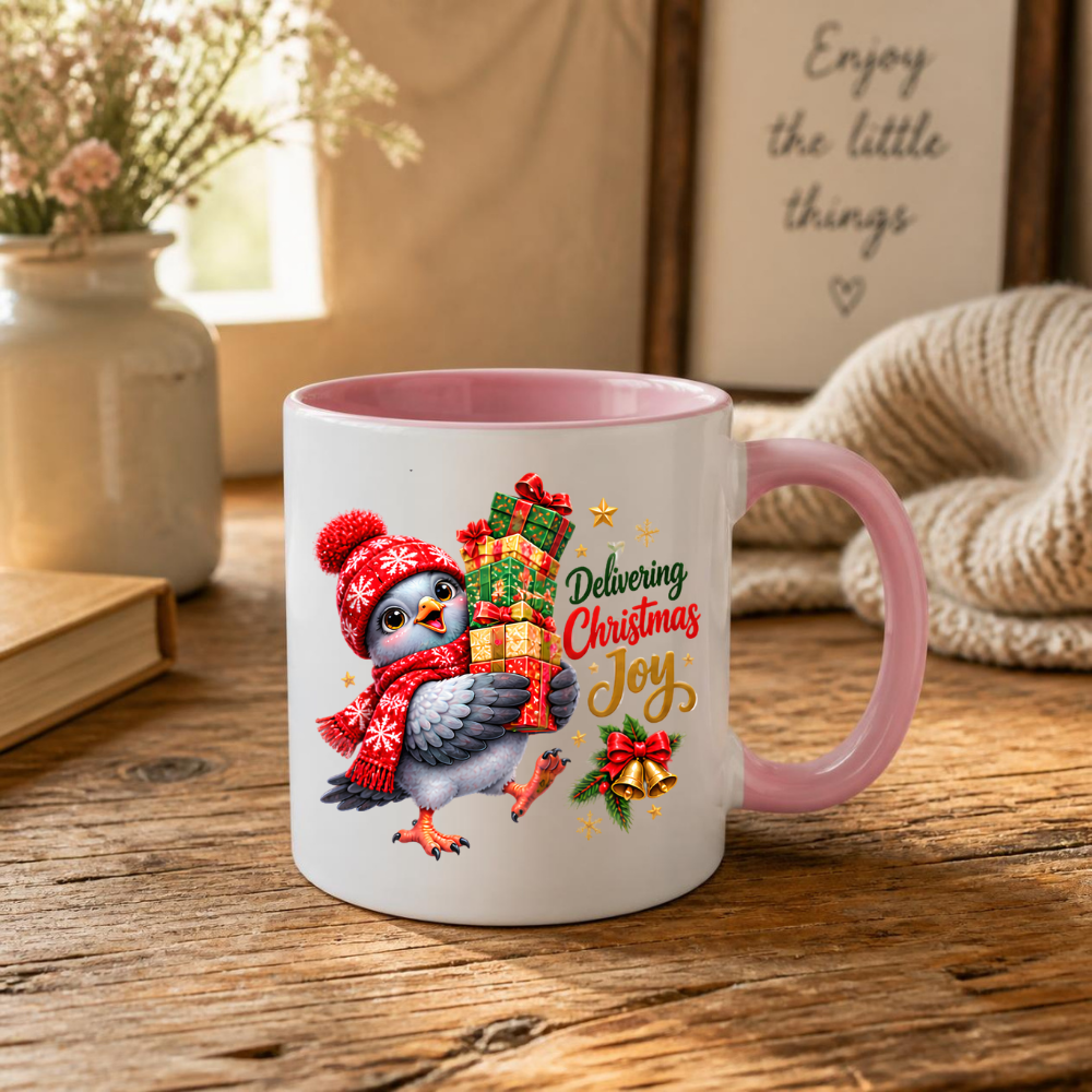 Christmas Mug "Delivering Christmas Joy Cute Bird" 325ml Ceramic Coffee Mug – Adorable Christmas Bird in Red Snowflake Beanie Scarf Carrying Stack Of Festive Gift Boxes Holiday Gift | Available in Multicolours | Fast Dispatch by UK Seller (M3269)