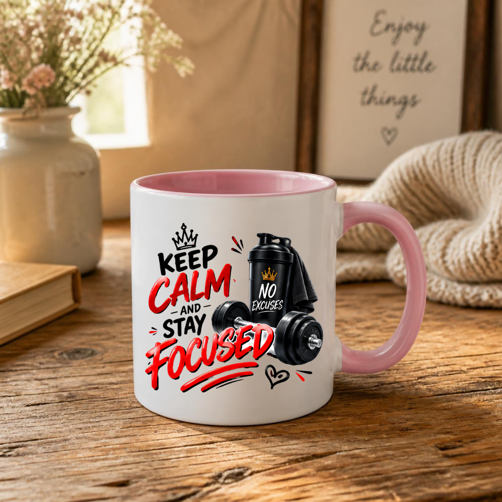 Fitness Mug "Keep Calm And Stay Focused" 325ml Ceramic Coffee Tea Cup – Gym, Dumbbells, Shaker Bottle & Slogan Novelty Gift for Fitness Lovers, Workout Fans, Birthday – Fast Dispatch by UK Seller (M3507)