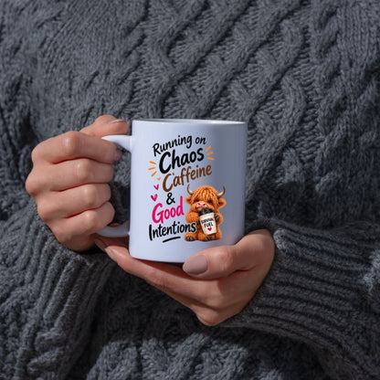 Humorous Mug "Running on Chaos Caffeine & Good Intentions" Highland Cow 325ml Ceramic Coffee Mug Funny Coffee Lover Tea Cup with Survival Fuel Cup Gift | Available in Multicolours | Fast Dispatch by UK Seller (M1286)
