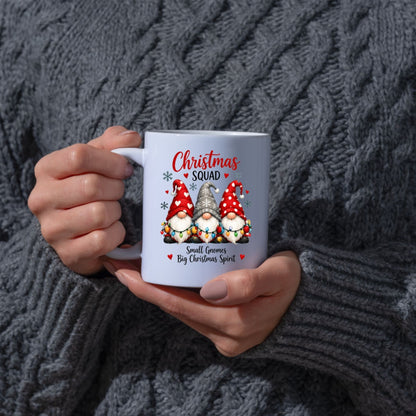 Festive Mug "Christmas Squad" Trio Gnomes 325ml Ceramic Coffee Mug – Cute Winter Holiday Tea Cup with String Lights & Hearts Gift | Available in Multicolours | Fast Dispatch by UK Seller (M1256)