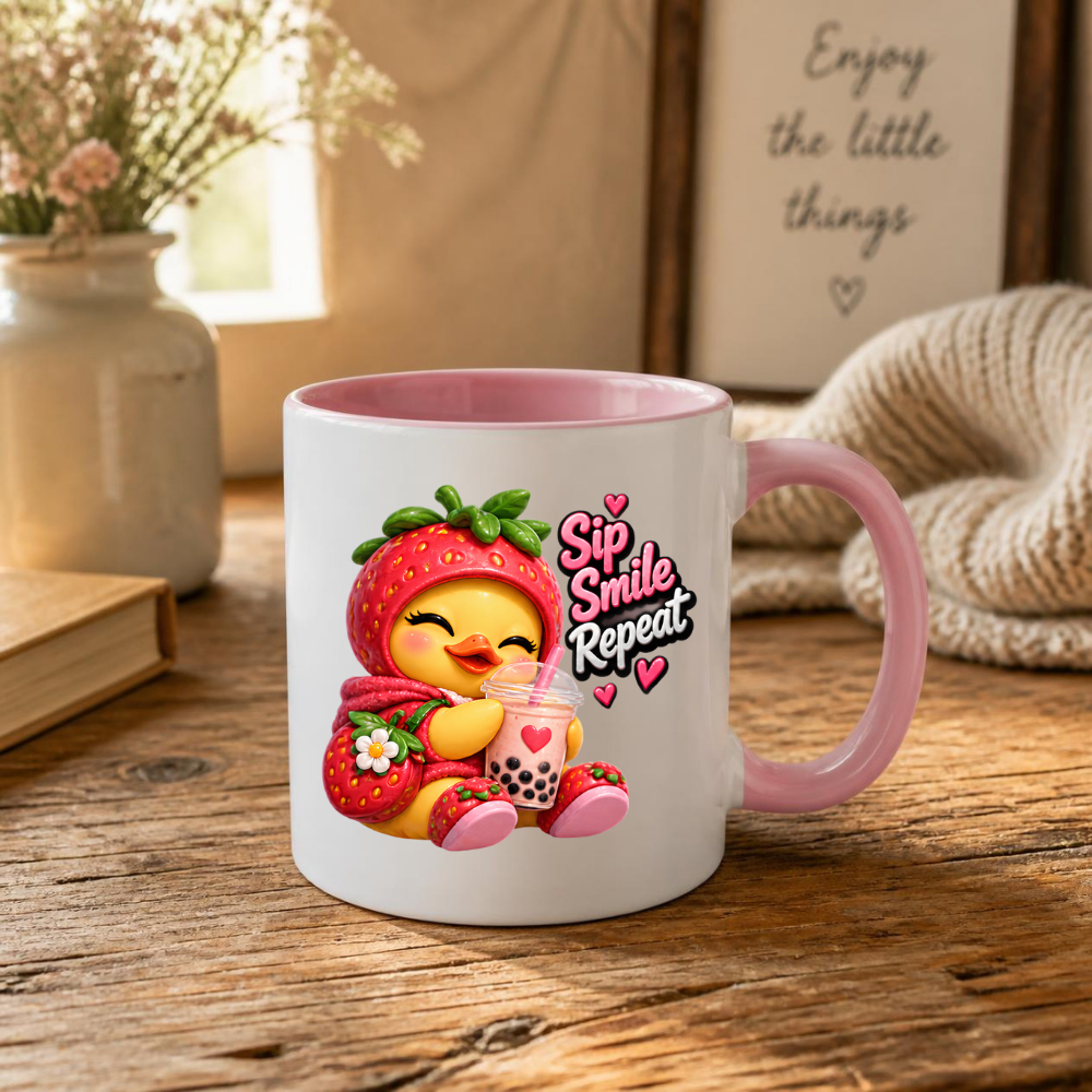 Boba Mug "Sip Smile Repeat Strawberry Duck" 325ml Ceramic Coffee Mug – Cute Winking Yellow Duck in Strawberry Hood Hoodie Shoes Holding Strawberry Boba Tea Sweet Gift For Boba Tea Lovers | Available in Multicolours | Fast Dispatch by UK Seller (M3256)