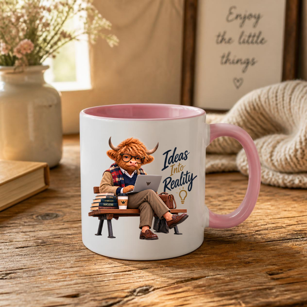 Academic Mug "Ideas Into Reality Scholarly Highland Cow" Ideas Into Reality 325ml Ceramic Coffee Mug – Scholarly Highland Cow on Bench with Laptop Strategy Books Coffee Entrepreneur Gift | Available in Multicolours | Fast Dispatch by UK Seller (M3287)