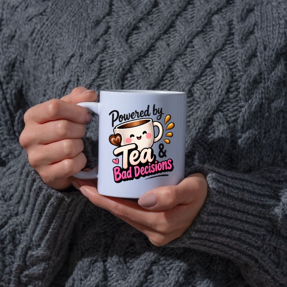 Humorous Mug "Powered by Tea & Bad Decisions" 325ml Ceramic Coffee Mug Cute Tea Lover Cup with Kawaii Smiling Teacup, Hearts & Splash Graphic Gift | Available in Multicolours | Fast Dispatch by UK Seller (M1300)