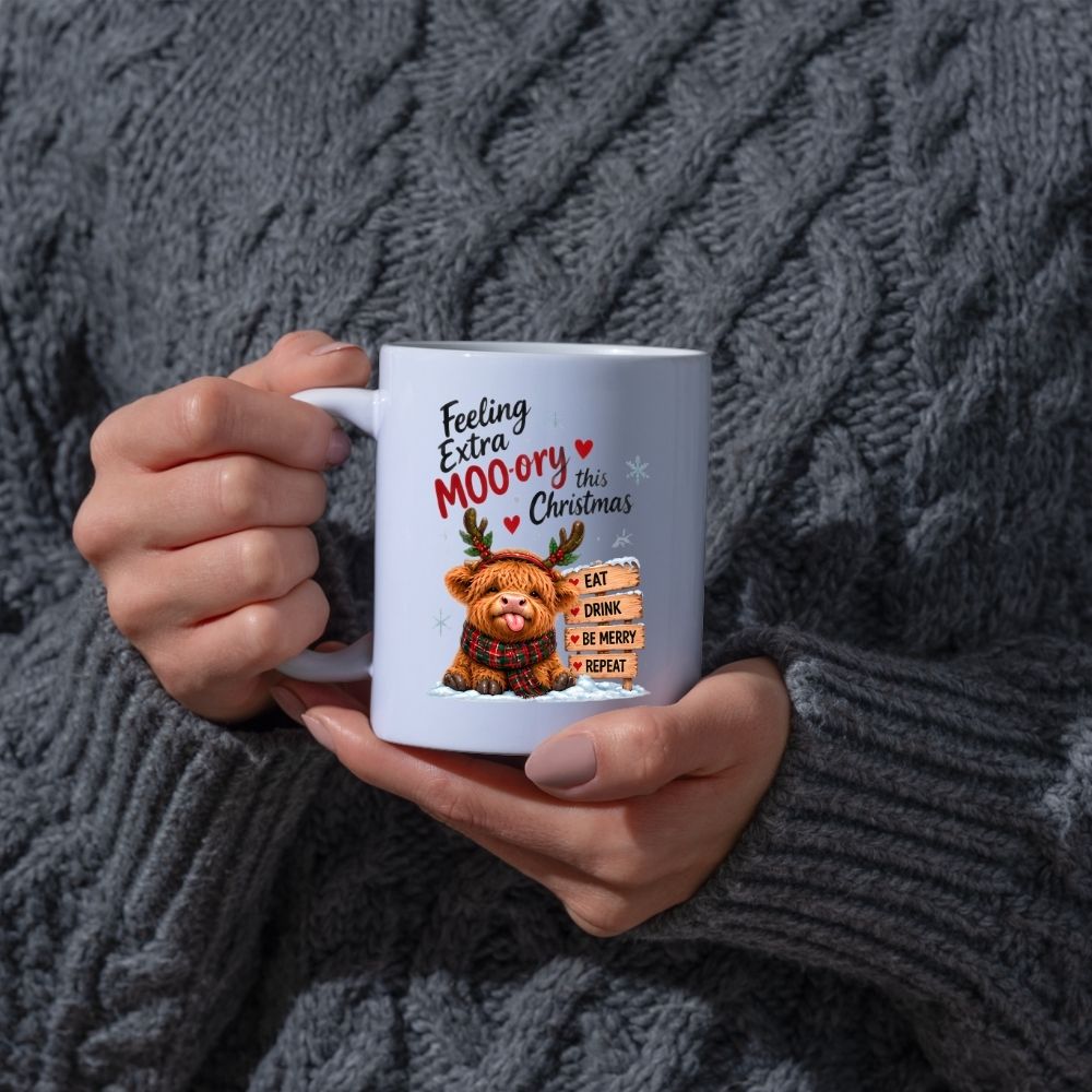 Festive Mug "Feeling Extra Moo-rry This Christmas" Highland Cow 325ml Ceramic Coffee Mug Cute Holiday Tea Cup with Reindeer Antlers, Plaid Scarf & Wooden Sign Gift | Available in Multicolours | Fast Dispatch by UK Seller (M1293)