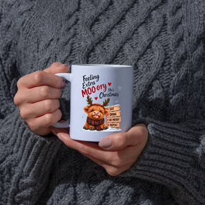 Festive Mug "Feeling Extra Moo-rry This Christmas" Highland Cow 325ml Ceramic Coffee Mug Cute Holiday Tea Cup with Reindeer Antlers, Plaid Scarf & Wooden Sign Gift | Available in Multicolours | Fast Dispatch by UK Seller (M1293)