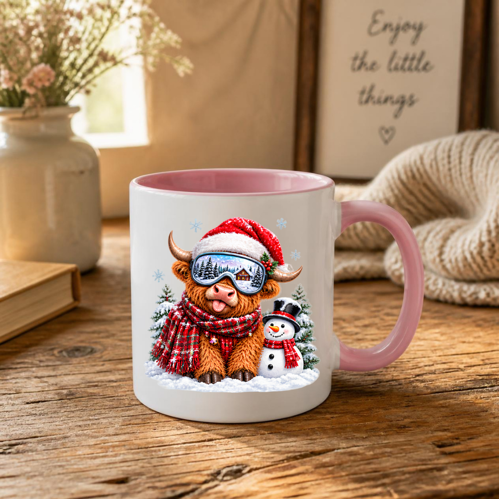 Christmas Mug "Winter Snowman Ski Goggles Highland Cow" Winter Snowman Highland Cow 325ml Ceramic Coffee Mug – Cute Christmas Ski Goggles Tea Cup With Santa Hat Snowman Graphic Gift | Available in Multicolours | Fast Dispatch by UK Seller (M3174)