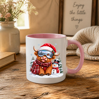 Christmas Mug "Winter Snowman Ski Goggles Highland Cow" Winter Snowman Highland Cow 325ml Ceramic Coffee Mug – Cute Christmas Ski Goggles Tea Cup With Santa Hat Snowman Graphic Gift | Available in Multicolours | Fast Dispatch by UK Seller (M3174)
