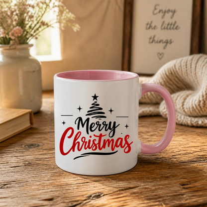 Minimalist Christmas Tree Mug "Merry Christmas" Merry Christmas 325ml Ceramic Coffee Mug – Minimalist Typography Slogan with Black Abstract Christmas Tree, Star Topper & Sparkling Stars | Holiday Gift | Fast Dispatch by UK Seller (M3432)