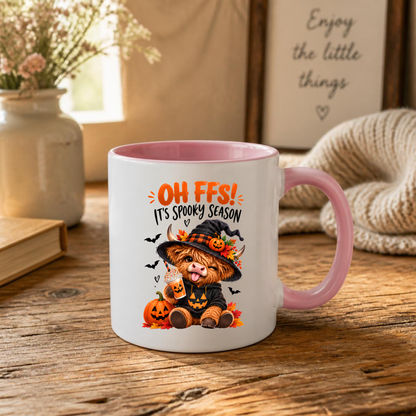 Spooky Season Mug "Oh FFS! It's Spooky Season" Highland Cow Oh Ffs! It's Spooky Season 325ml Ceramic Coffee Mug – Cute Highland Cow in Witch Hat with Pumpkin, Bats & Coffee | Halloween Gift | Fast Dispatch by UK Seller (M3363)