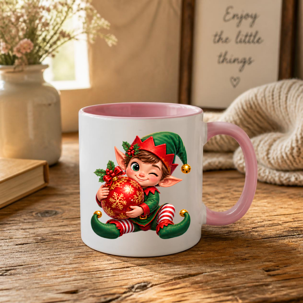 Christmas Mug "Winking Christmas Boy Elf Red Bauble" Winking Christmas Boy Elf 325ml Ceramic Coffee Mug – Cute Festive Tea Cup with Elf Outfit Jingle Bells Snowflake Bauble Graphic Gift | Available in Multicolours | Fast Dispatch by UK Seller (M3186)