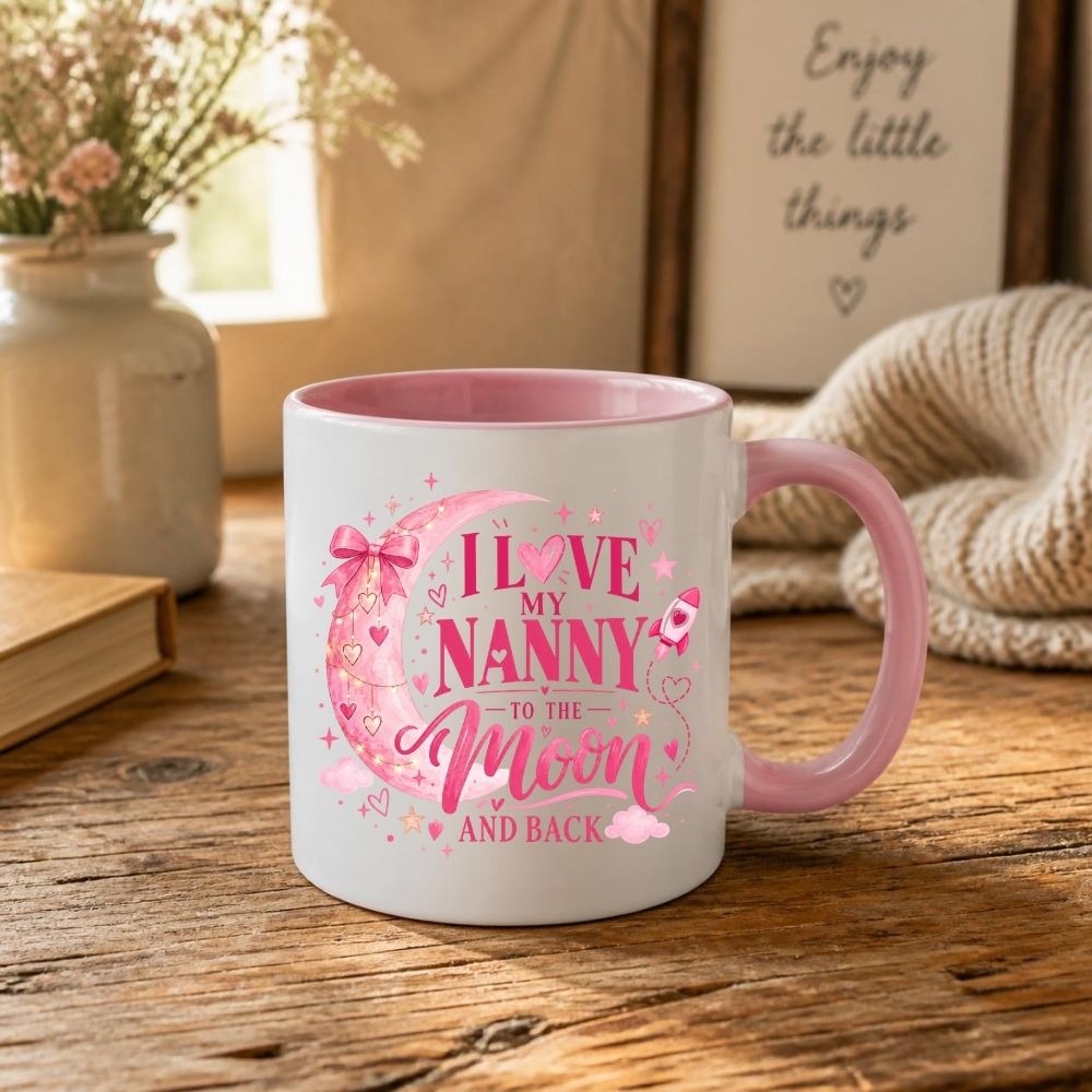 Cute Mug "I Love My Nanny to the Moon and Back" Pink Moon & Stars Ceramic Coffee Cup 350ml, Heartwarming Nan Grandma Grandmother Gift from Granddaughter Grandson, Birthday Christmas Mothers Day Stocking Filler | Fast Dispatch by UK Seller (M1129)