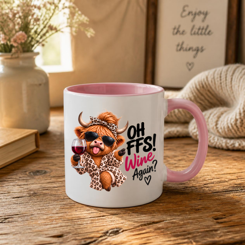 Highland Cow Wine Lover Mug "Oh FFS! Wine Again?" Oh FFS! Wine Again? 325ml Ceramic Coffee Mug – Cute Highland Cow in Leopard Bathrobe, Bow & Sunglasses holding Red Wine Glass | Funny Gift | Fast Dispatch by UK Seller (M3389)