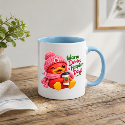 Cozy Mug "Warm Drinks Happier Days Strawberry Duck" 325ml Ceramic Coffee Mug – Cute Winter Strawberry Duck in Pink Beanie Scarf Holding Coffee Cup Cozy Gift For Friends Family | Available in Multicolours | Fast Dispatch by UK Seller (M3250)