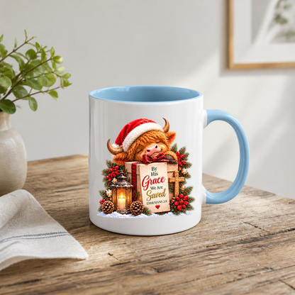 Christmas Mug "By His Grace We Are Saved Highland Cow" By His Grace We Are Saved Ephesians 2:8 325ml Ceramic Mug – Festive Highland Cow Mug With Gift Box Cross Lantern Christian Holiday Gift | Available in Multicolours | Fast Dispatch by UK Seller (M3309)