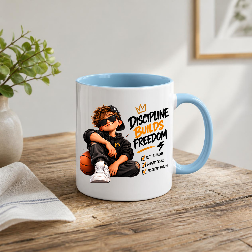 Motivational Mug "Discipline Builds Freedom" 325ml Ceramic Coffee Tea Cup – Cool Boy Graphic, Basketball, Habits & Goals Slogan Novelty Gift for Teens, Men, Birthday – Fast Dispatch by UK Seller (M3501)