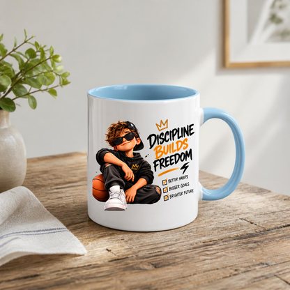Motivational Mug "Discipline Builds Freedom" 325ml Ceramic Coffee Tea Cup – Cool Boy Graphic, Basketball, Habits & Goals Slogan Novelty Gift for Teens, Men, Birthday – Fast Dispatch by UK Seller (M3501)