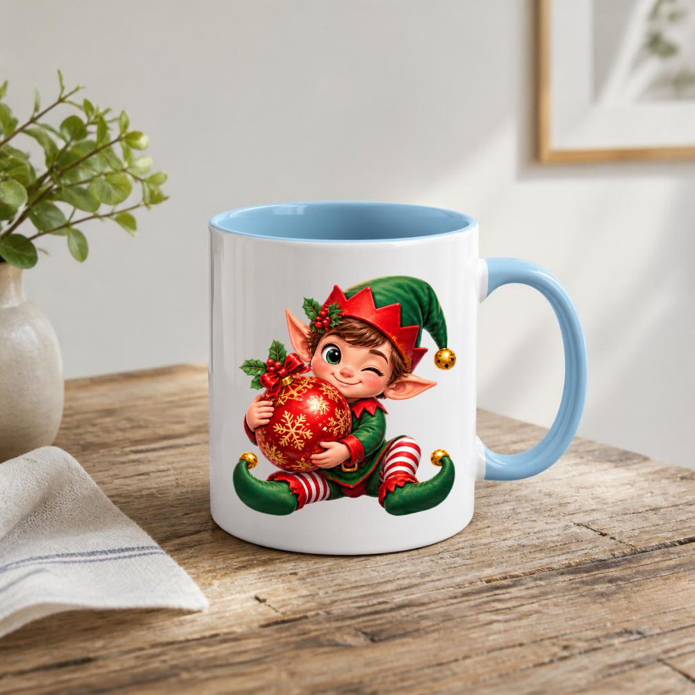 Christmas Mug "Winking Christmas Boy Elf Red Bauble" Winking Christmas Boy Elf 325ml Ceramic Coffee Mug – Cute Festive Tea Cup with Elf Outfit Jingle Bells Snowflake Bauble Graphic Gift | Available in Multicolours | Fast Dispatch by UK Seller (M3186)