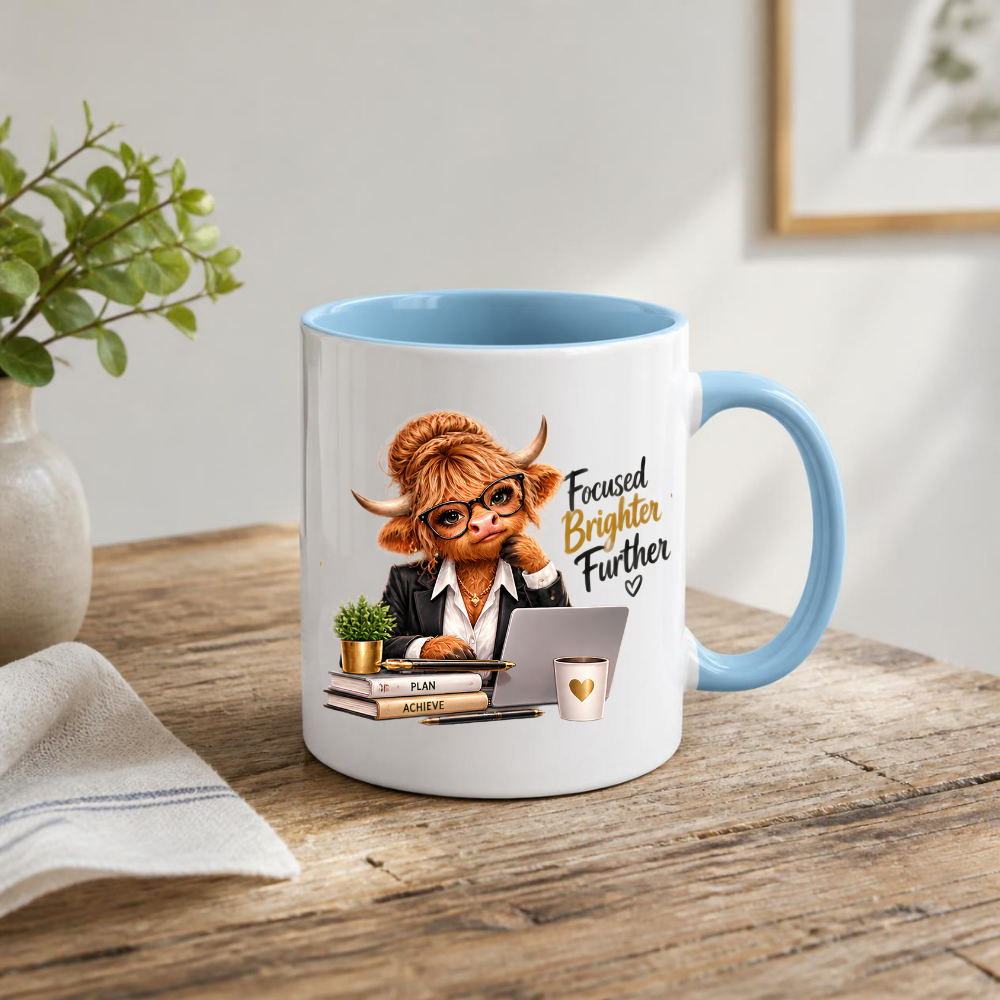 Highland Cow Mug "Focused Brighter Further Highland Cow" 325ml Ceramic Coffee Mug – Smart Highland Cow in Blazer Glasses At Laptop Desk With Plan Achieve Books Office Gift | Available in Multicolours | Fast Dispatch by UK Seller (M3281)